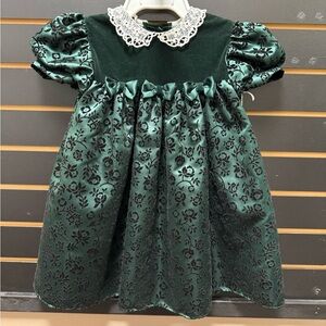 Vintage Lenee Jo Lene Girls Green Velvet Floral Dress Lace Collar 4T USA Unworn